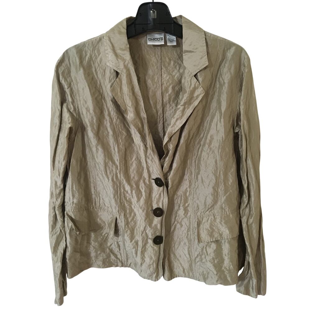 Chico's Size 2 (12) Polyester Silk Metallic Fitted Jacket Pockets Metal Buttons